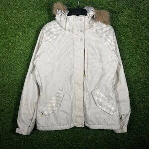 Helix‎ Snowboardwear Womens Small Tan Houndstooth Ski Jacket Faux Fur Hood